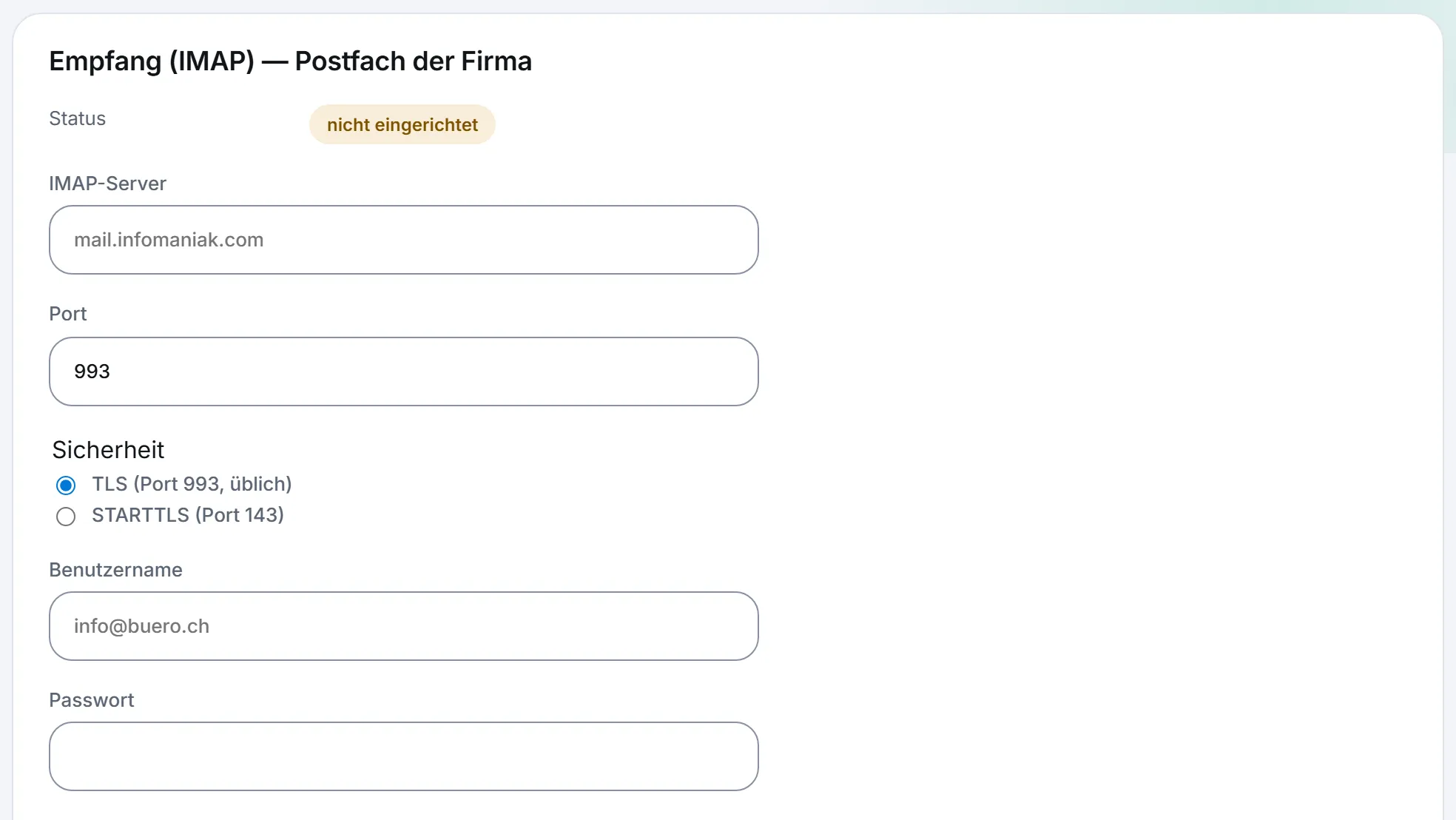 Einstellungen «E-Mail» in immovend: die Karte «Postfach der Firma» mit Statusanzeige und den Feldern für Adresse des Postfachs, Port, Sicherheit, Benutzername und Passwort.